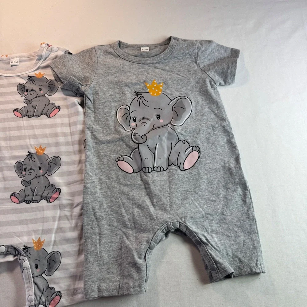 Baby Elephant Romper Set 6-9M 2pc Gray‎ Striped Short Sleeve Snaps Outfit Top XL